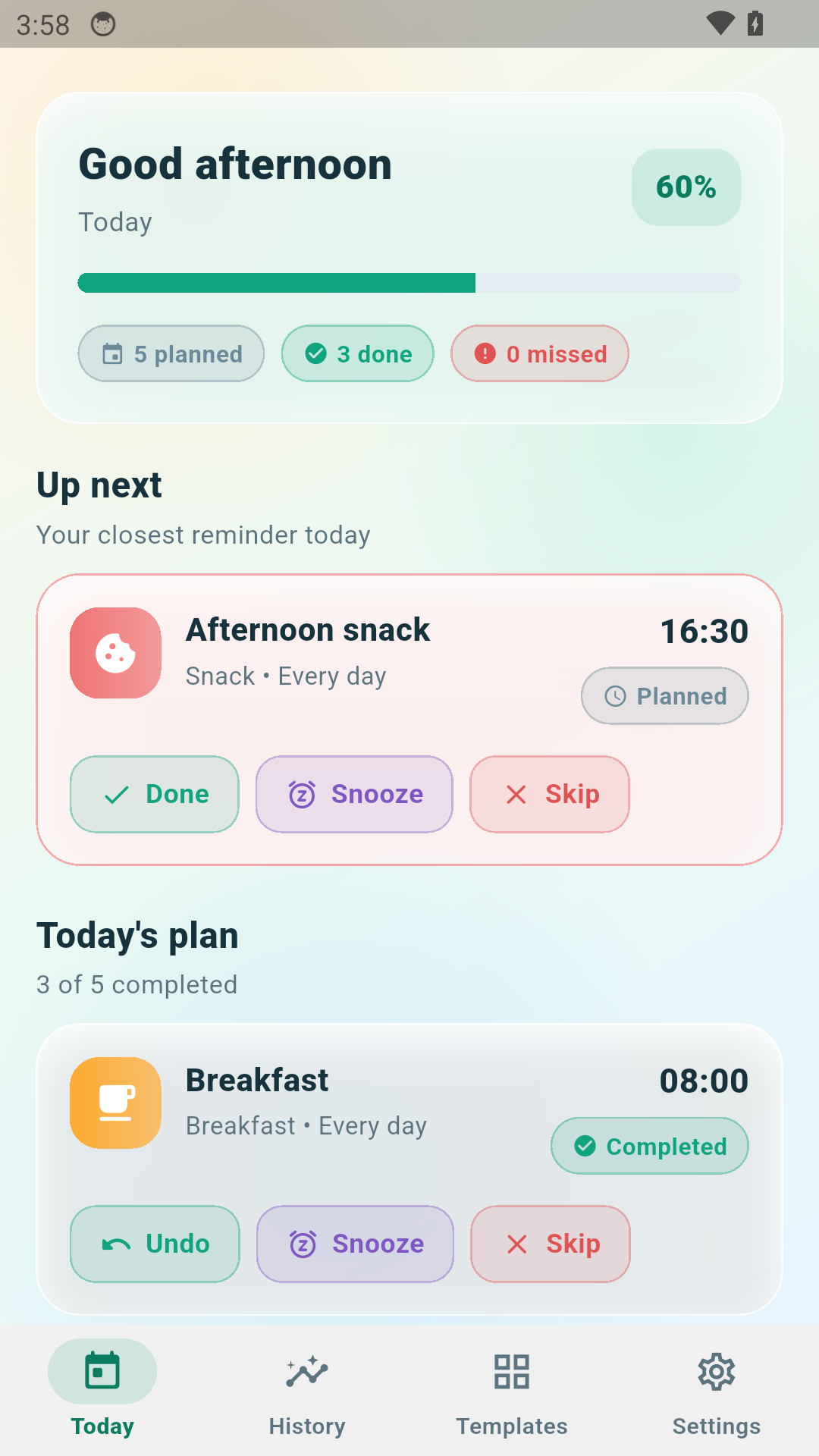 Meal Reminder Pro today screen